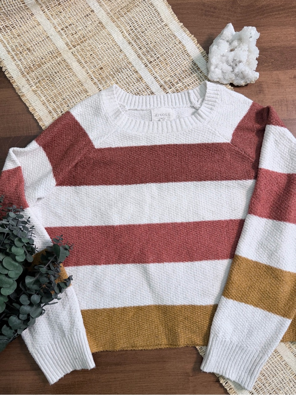 Striped Crewneck Sweater in White, Rust & Mustard
